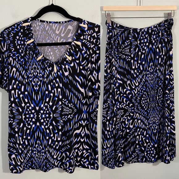 JM Collection Women's Blue Graphics 2 Piece Skirt Set Size M - Picture 1 of 10